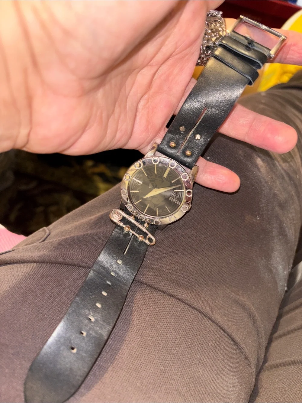 Versace Black Leather Strap Watch with Silver-Tone Bezel